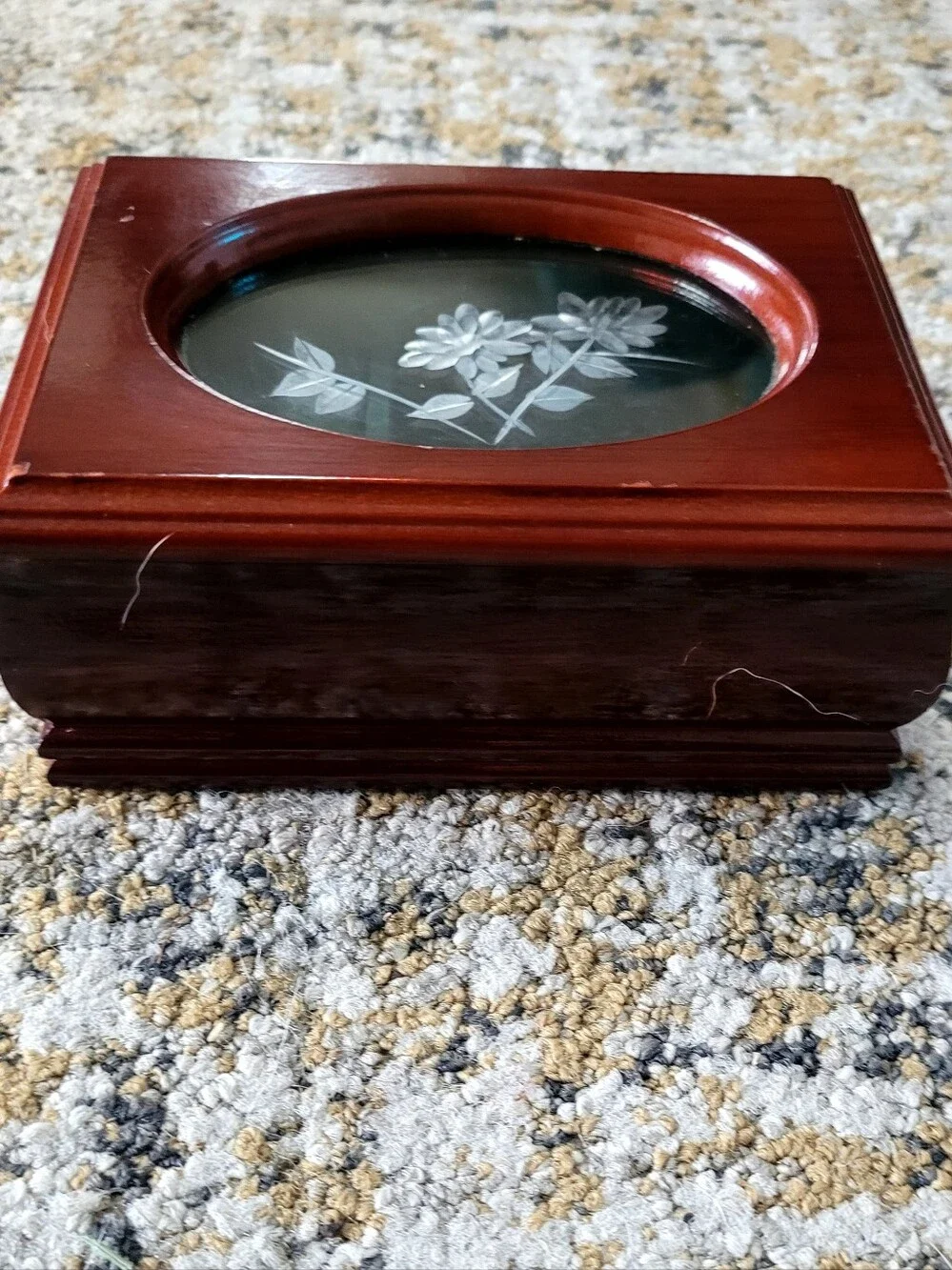 Wood Jewelry Box with Etched Glass Floral Top - Cherry Finish
